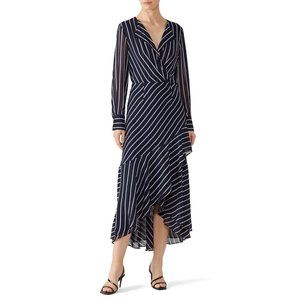 Rachel Roy Collection Navy Blue White Striped Long Sleeve Midi Length Dress Sz 6